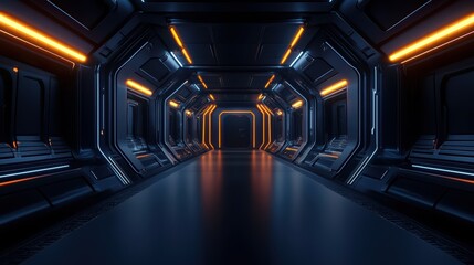 Futuristic Sci-Fi Corridor with Neon Lights and Sleek Metallic Design in a Space Station or Spaceship Interior