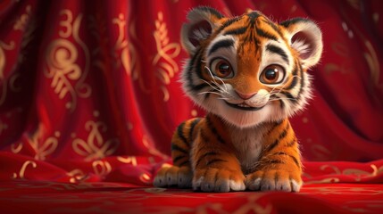 A cute, animated tiger cub sitting on a vibrant red fabric background, exuding charm.