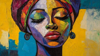 Colorful artistic portrait of woman in headwrap with serene expression and closed eyes. Vibrant abstract background.