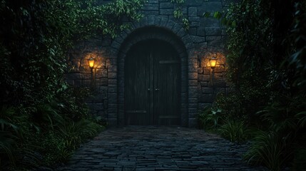 Mysterious Stone Doorway Illuminated by Lanterns in a Lush Green Forest at Night