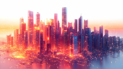 Fototapeta premium 3D AI-Driven Smart Cities Concept: Dynamic Abstract Digital Art Banner Showcasing AI's Impact on Urban Innovation, Sustainability, and Efficiency with Vibrant Colors and Glowing Elements