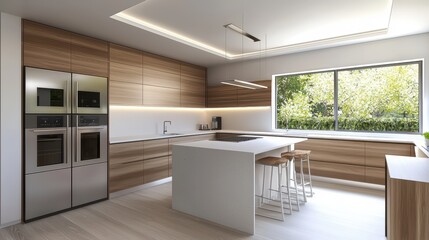 Modern Minimalist Kitchen with Wooden Cabinets, Island, and Large Window Overlooking Greenery