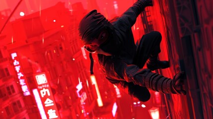 Obraz premium A ninja climbs a neon-lit cityscape, showcasing a dynamic urban environment.