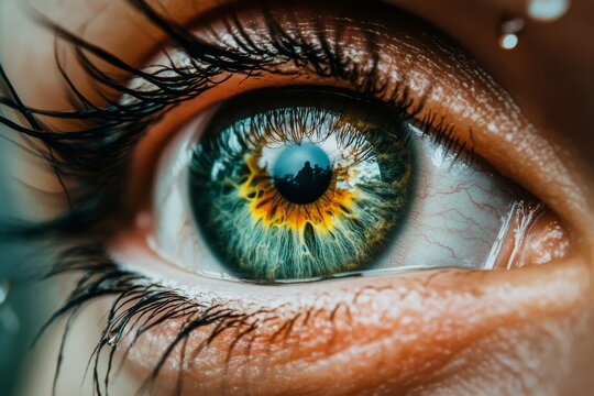 Optic nerve trabecular meshwork and uveitis sharp detail of a human eye with green and yellow hues symbolizing the intricacies of human sight and the natural beauty of the iris