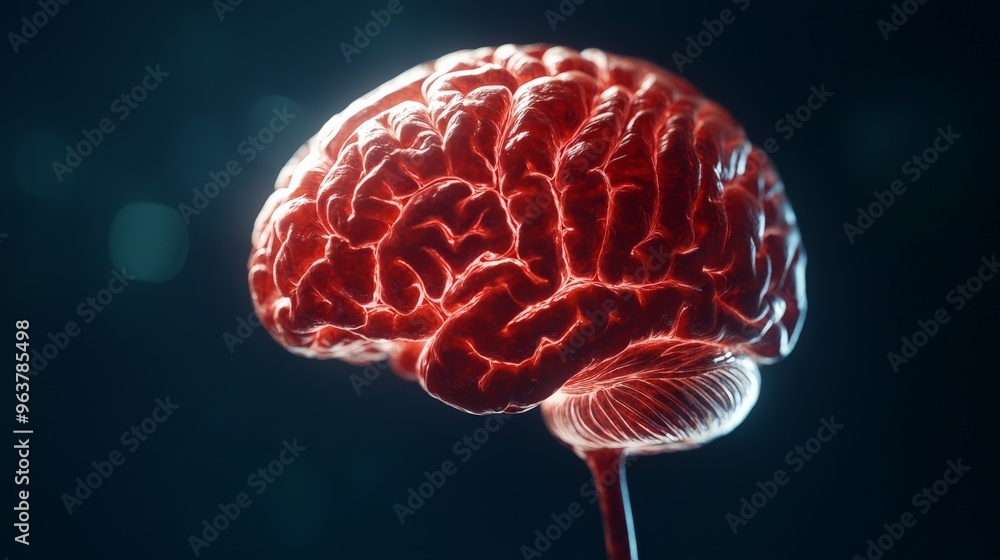 Poster detailed 3d rendering of a human brain anatomy, illuminated in red, against a dark background, highl