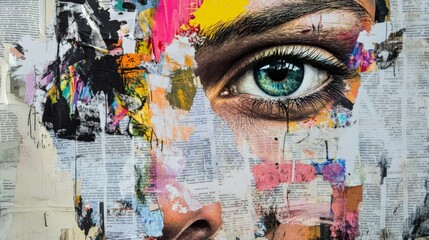 Creative mix media collage artwork of a woman's face, highlighting her blue eye amidst torn newspaper, paint splashes, and vibrant colors.