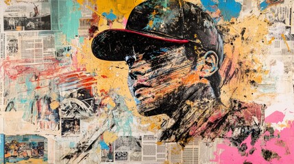 Fototapeta premium Creative mixed media artwork featuring a person in a cap, highlighting vibrant colors and newspaper clippings in the background.