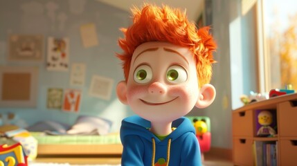 A cheerful animated boy with bright red hair smiles in a colorful room filled with toys.