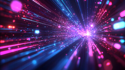 Obraz premium Glowing Abstract Digital Art Banner Depicting 3D AI's Role in E-Commerce: Dynamic Lines & Vibrant Light Symbolizing Speed, Efficiency, & Innovation in Online Retail