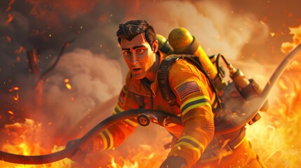 A firefighter battling flames, showcasing bravery and urgency in a dangerous environment.