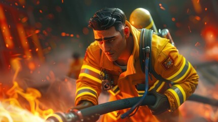 A firefighter battles flames with a hose, showcasing bravery and urgency in a dangerous situation.