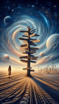 a person standing at a crossroads with multiple signposts