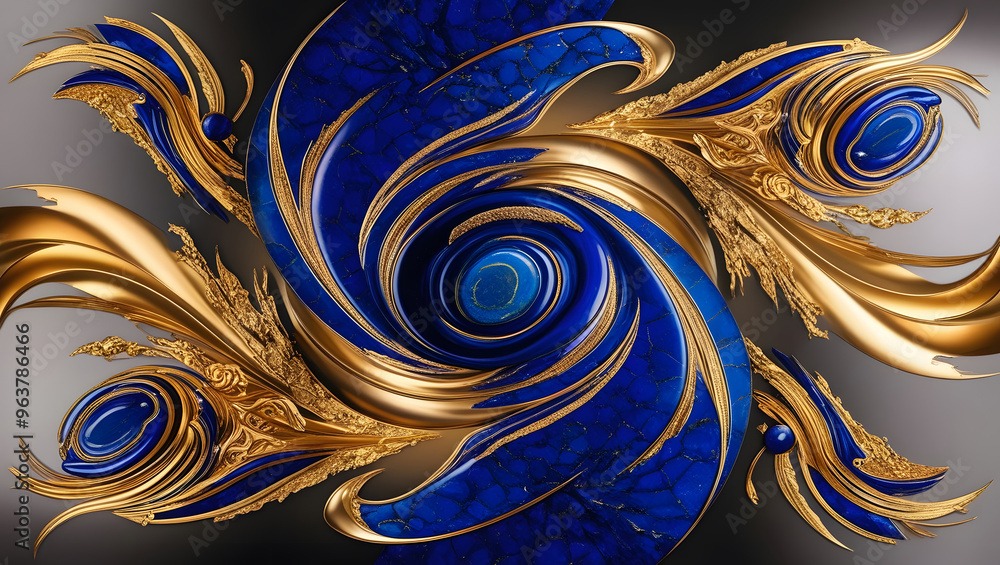 Poster vibrant abstract art featuring swirling patterns of deep blue lapis lazuli and luminous gold is gene