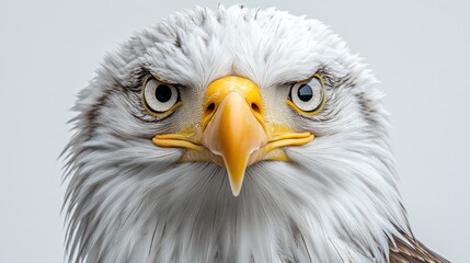 Obraz premium Close-up of a bald eagle perched on a clean white backdrop, emphasizing its detailed feathers