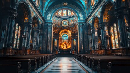 Grand Gothic Cathedral Interior with Stained Glass Windows and Pews