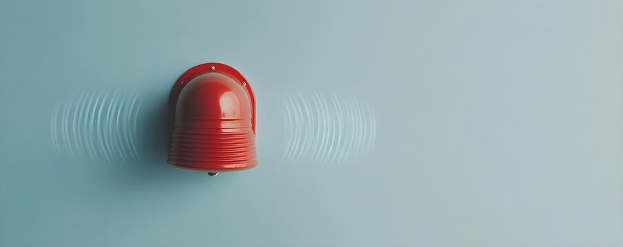 Red fire alarm bell. Fire alarm detector on blue background with copy space. Safety device, smart home security system. Emergency fire warning system equipment. Fire safety and prevention concept