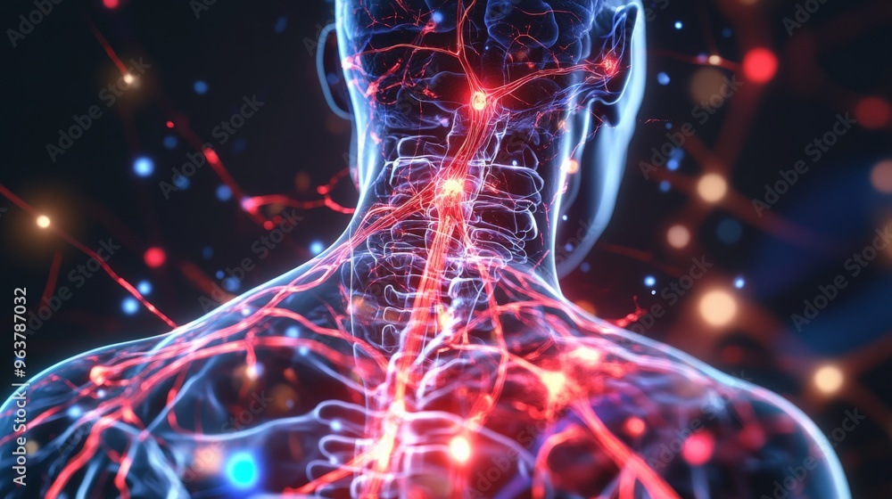 Poster detailed visualization of the human nervous system, showing neural pathways and connections with glo