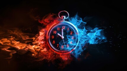 Stopwatch Engulfed in Fiery Red and Blue Flames on Black Background