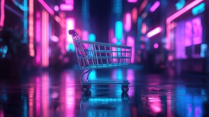 A shopping cart illuminated by vibrant neon lights in a reflective urban setting.
