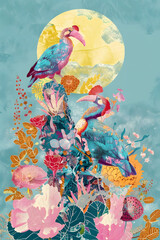 The artwork captures the beauty of nature with vibrant birds and abstract flowers under a colorful sky, creating a creative and imaginative scene with an aesthetic appeal