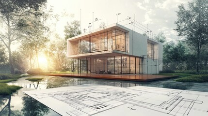 A modern architectural design featuring a glass house beside a serene water body and blueprints.