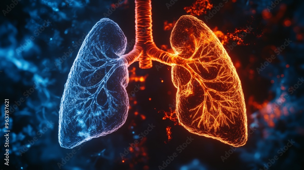 Poster digitally rendered image of lungs showing respiratory system anatomy with blue and red highlights il