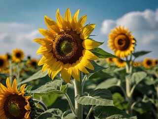 Obraz premium beautiful sunflowers close up in photo in flower garden