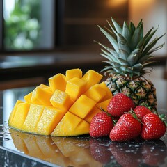 Vibrant Fruit Platter with Pineapple, Strawberries, Mango, and Bananas on Wooden Surface.