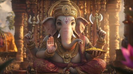 Fototapeta premium A gold and silver elephant statue of Ganesha is holding a sword and a bowl