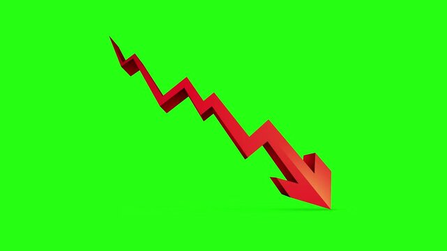 Stock Market Down, Display of Stock market, Red arrow graph going down on green screen background, Money losing