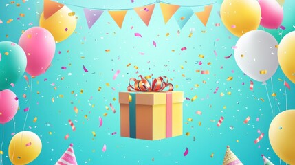 A colorful birthday party with a pink box in the middle