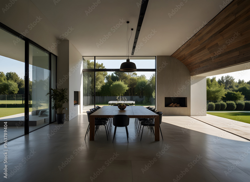 Poster make a minimalist-style house with a predominance of noble materials and beautiful views generated b