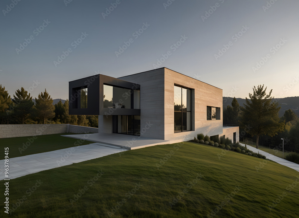 Poster make a minimalist style house with a predominance of noble materials and beautiful views is generate