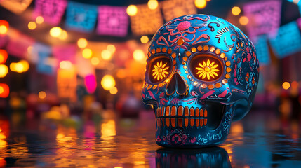 3D Glossy Sugar Skull with Reflective Papel Picado - Mid Shot Icon on Dark Surface, Celebrating Dia de Muertos Cultural Elements, Isolated on White Background