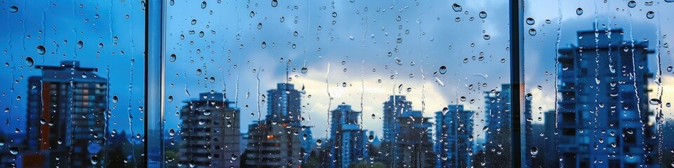 Condensation on glass residential buildings under an overcast sky with clear blue weather.