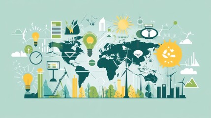 A green background with many icons and symbols, including a clock, a house