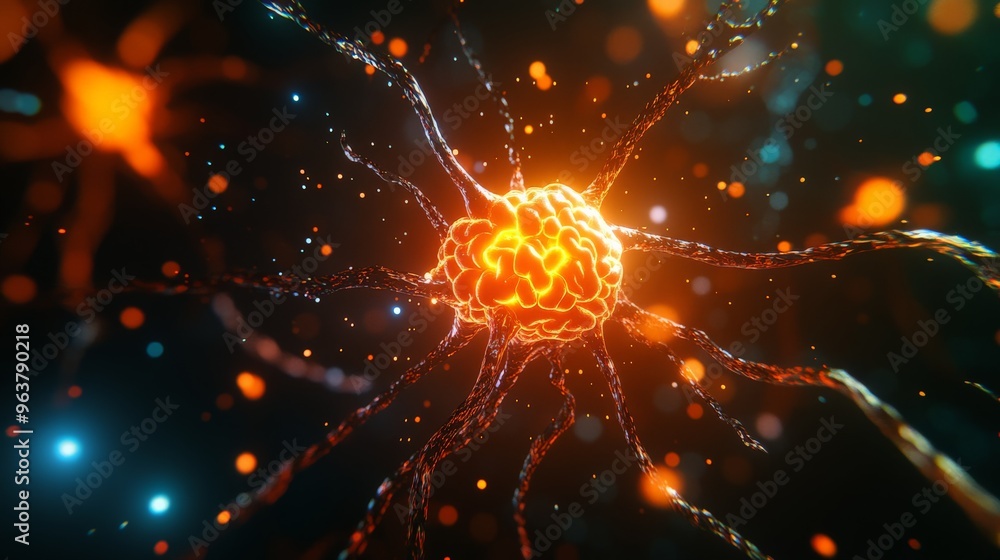 Poster futuristic digital visualization of a glowing neural network, showcasing intricate connections and v