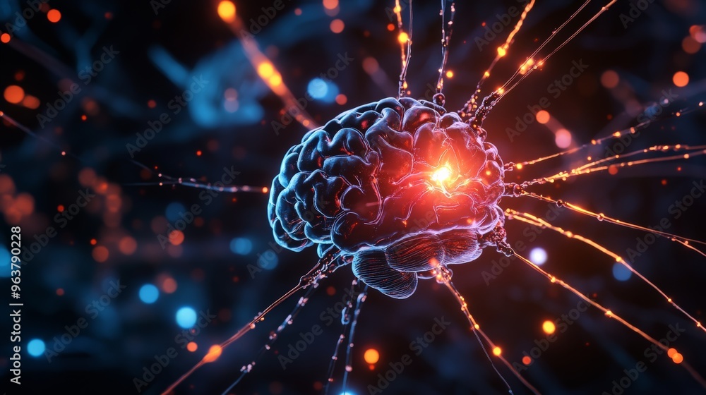 Poster futuristic digital illustration of a glowing brain with neural connections, symbolizing artificial i