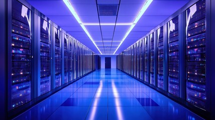Obraz premium A modern data center with rows of servers illuminated by blue lighting.