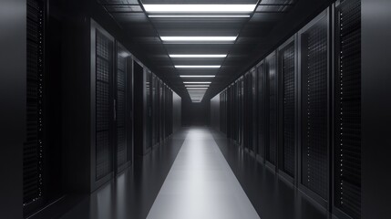Fototapeta premium A dimly lit corridor lined with server racks in a data center.