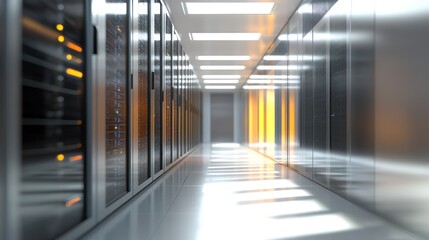 Obraz premium A modern data center corridor with server racks and illuminated pathways.