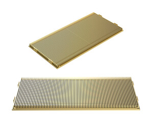Golden electric vehicle battery or pack of lithium-ion pouch cells module isolated on white