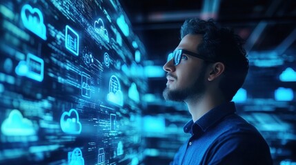 A man gazes at digital data and technology visuals, symbolizing innovation and analysis.