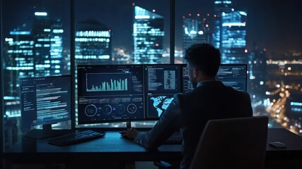 A person working at multiple screens in a modern office overlooking a cityscape at night.