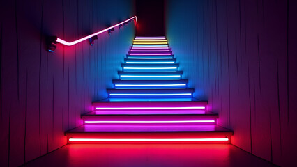 Fototapeta premium Neon Light Staircase Vibrant LED Steps Futuristic Neon Pathway with Colorful Lights