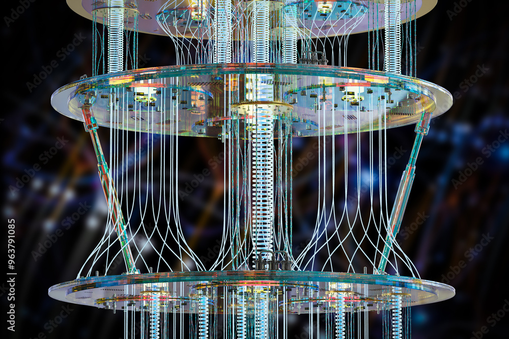 Poster golden quantum computer machine close up