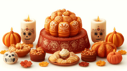 3D Pan de Muerto and Altar Vector Design - Isolated Illustration for Dia de Muertos Celebration on White Background