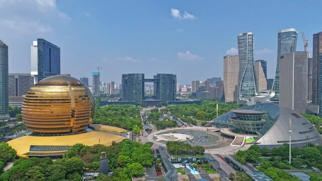 Time-lapse aerial photography of urban landmarks in Qianjiang New Town