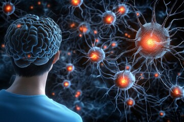 Glial cells neuroreceptors and synapse back view of a person with a visualized neural network representing brain function and cognitive thought processes