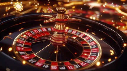 A gold and red roulette wheel with a gold and red ball on top